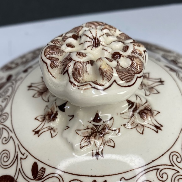 MASON'S BOW BELLS BROWN, FLOWERS & SCROLLS: Lidded SERVING BOWL 11” CRAZING - Picture 10 of 16